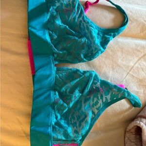 Turquoise Lace Bralette with Pink Accents - Women's Intimates